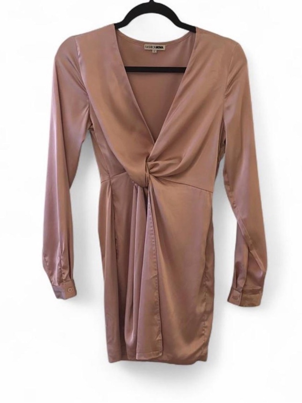 Fashion Nova Satin Long-Sleeve Mini Dress in Blush Size S